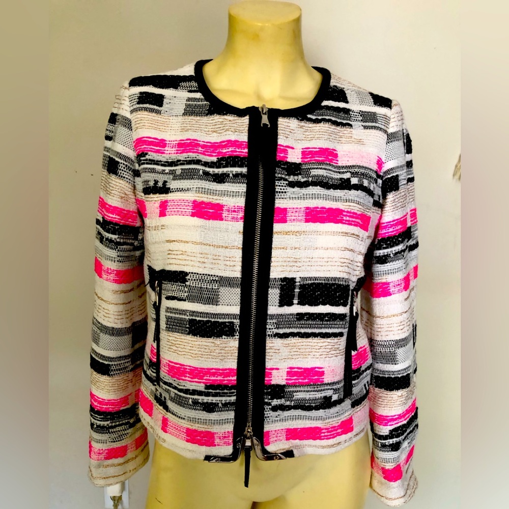 Milly Ladies Striped Fabric and Leather Jacket Size 2